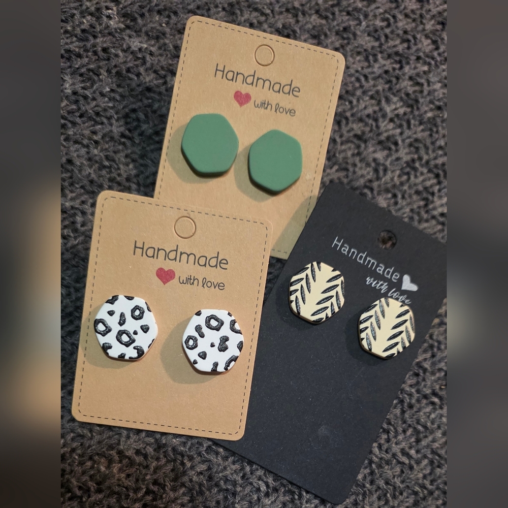 🥳4/$20  #25 Stylish Hexagon Stud Earrings Set - Tan, White, Green